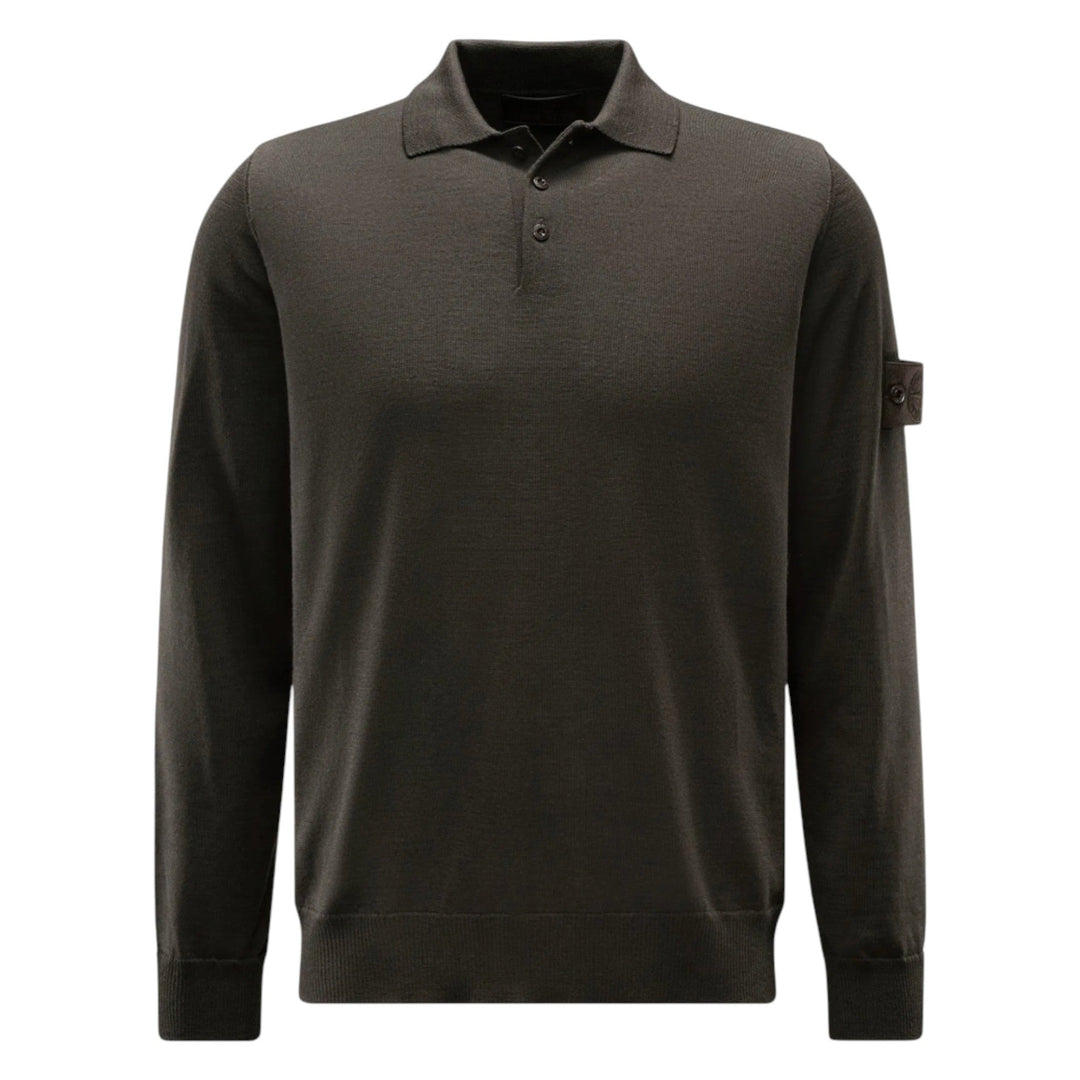 Stone Island Ghost RWS Wool Dark Brown Long Sleeve Polo Shirt